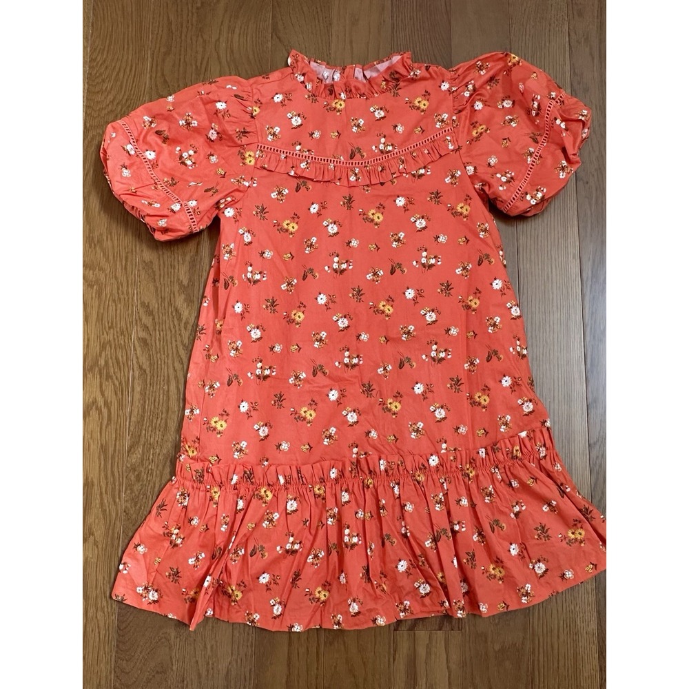 Janie and Jack Girls Size 10 Coral Floral Puff Sleeve Ruffle Dress 100% Cotton